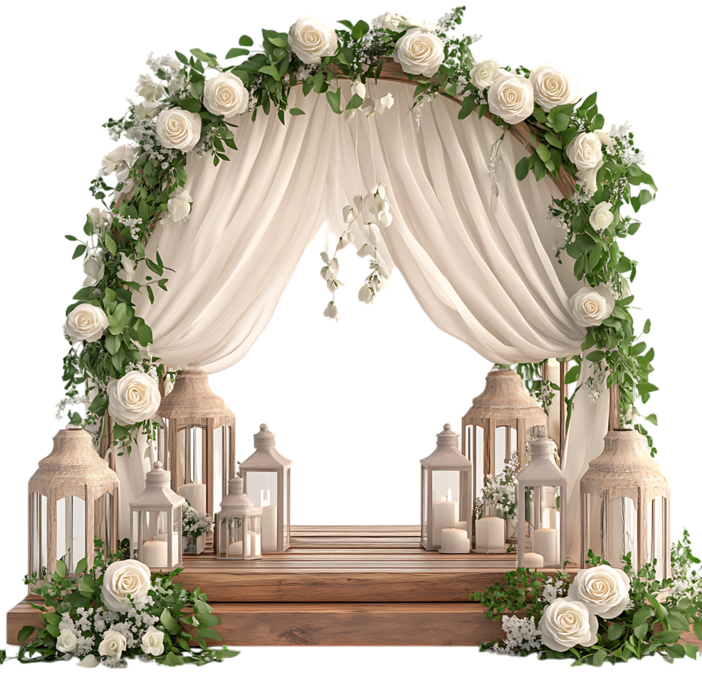 Wedding arch with white flowers and lanterns png