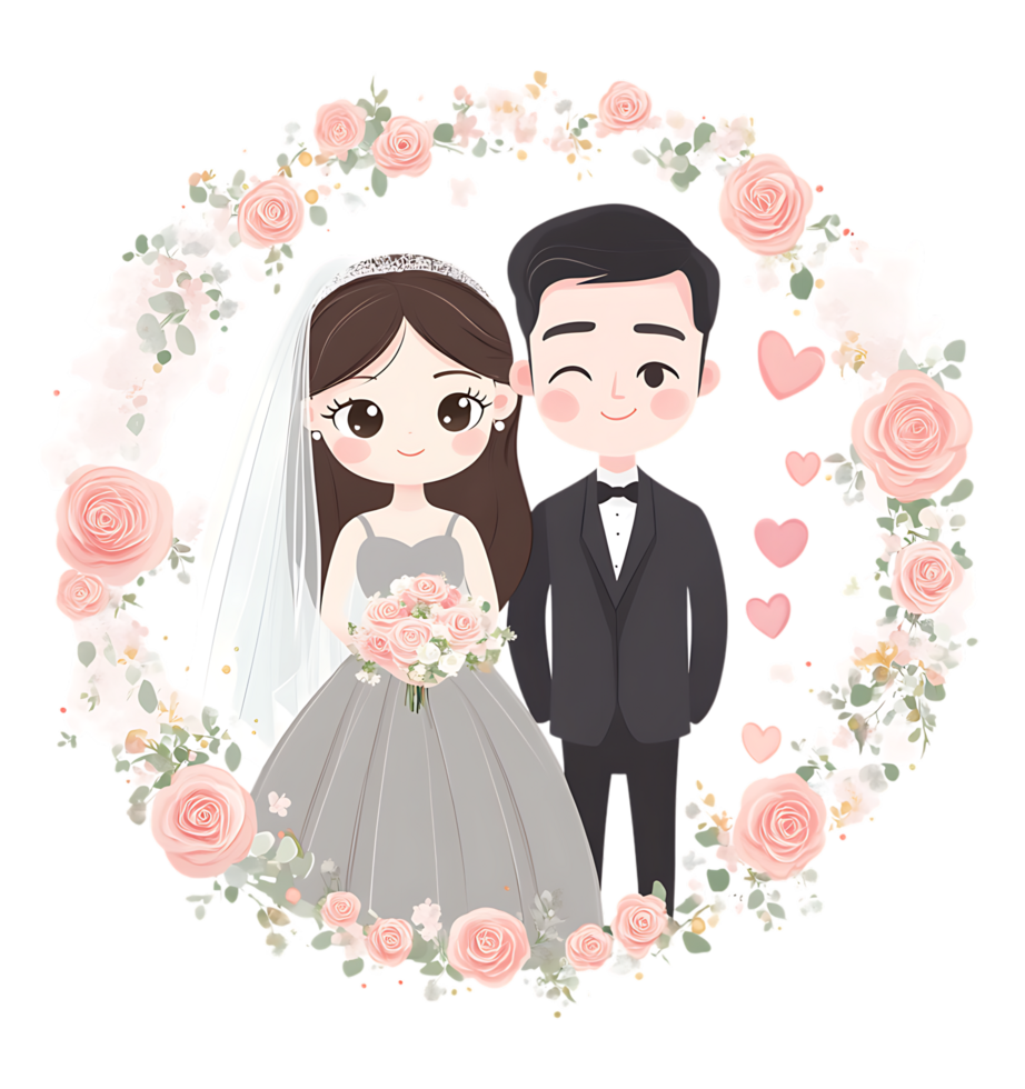 A cartoon couple in a wreath of flowers png