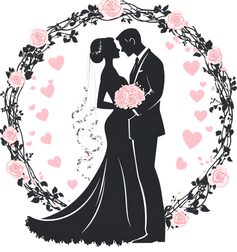 A silhouette of a bride and groom in a wreath of pink roses png