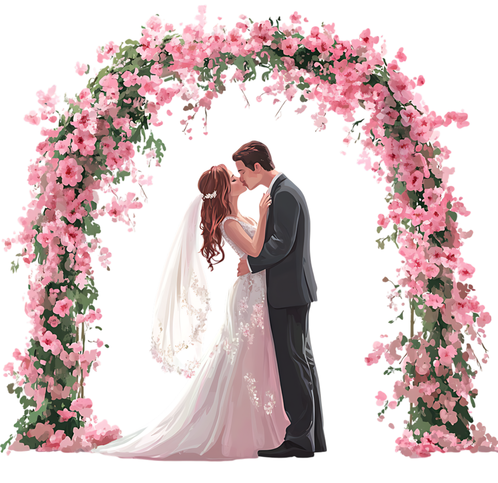 A wedding couple kissing under a pink flower arch png