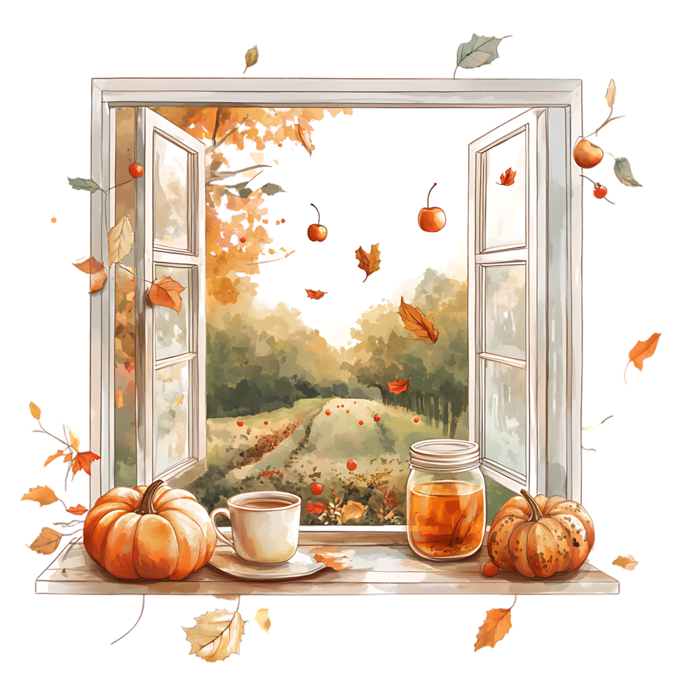An open window with pumpkins and apples png