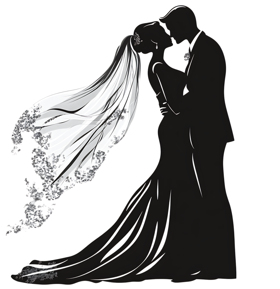 A silhouette of a bride and groom kissing png