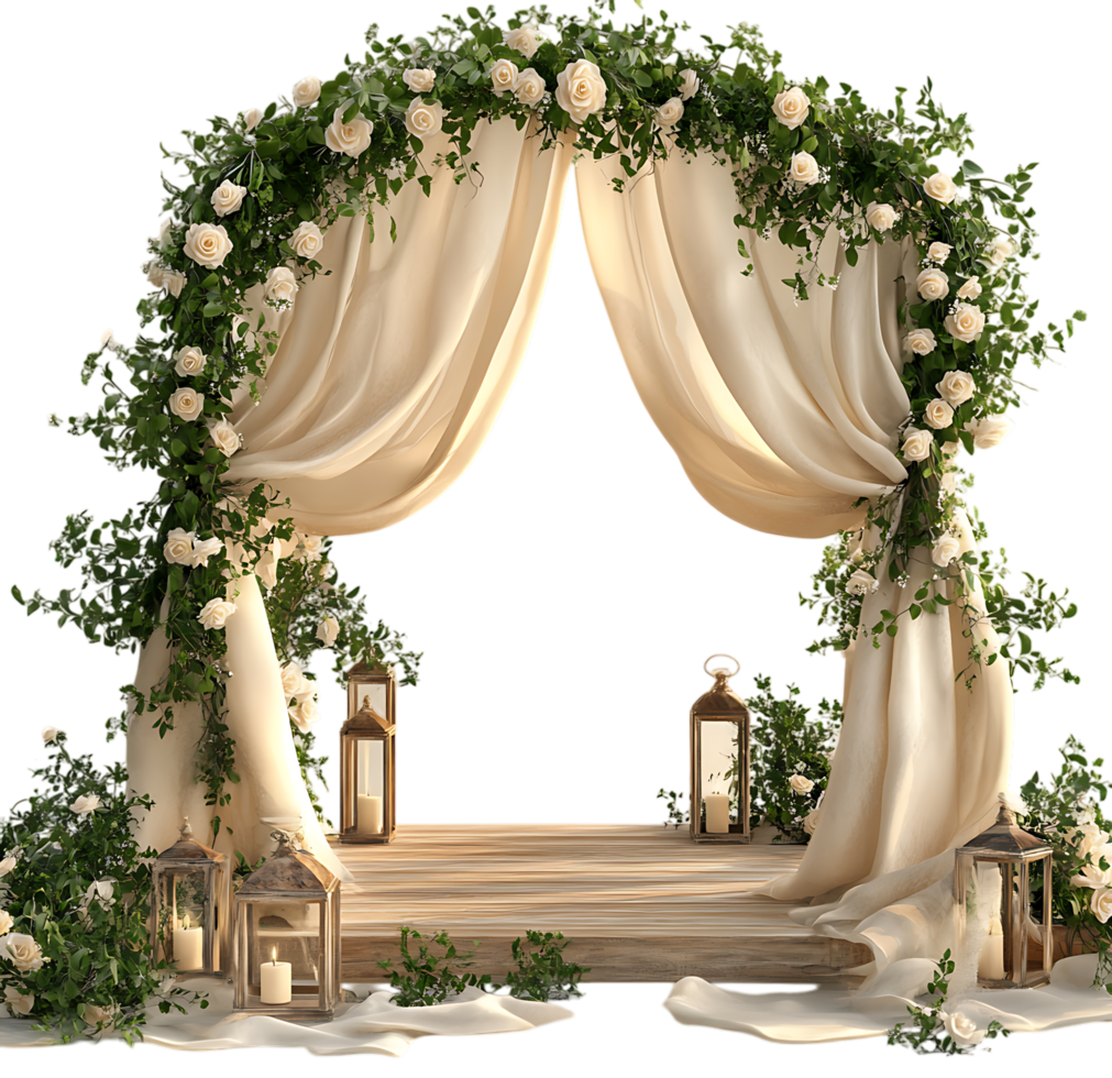 Wedding ceremony arch with white drapes and greenery png