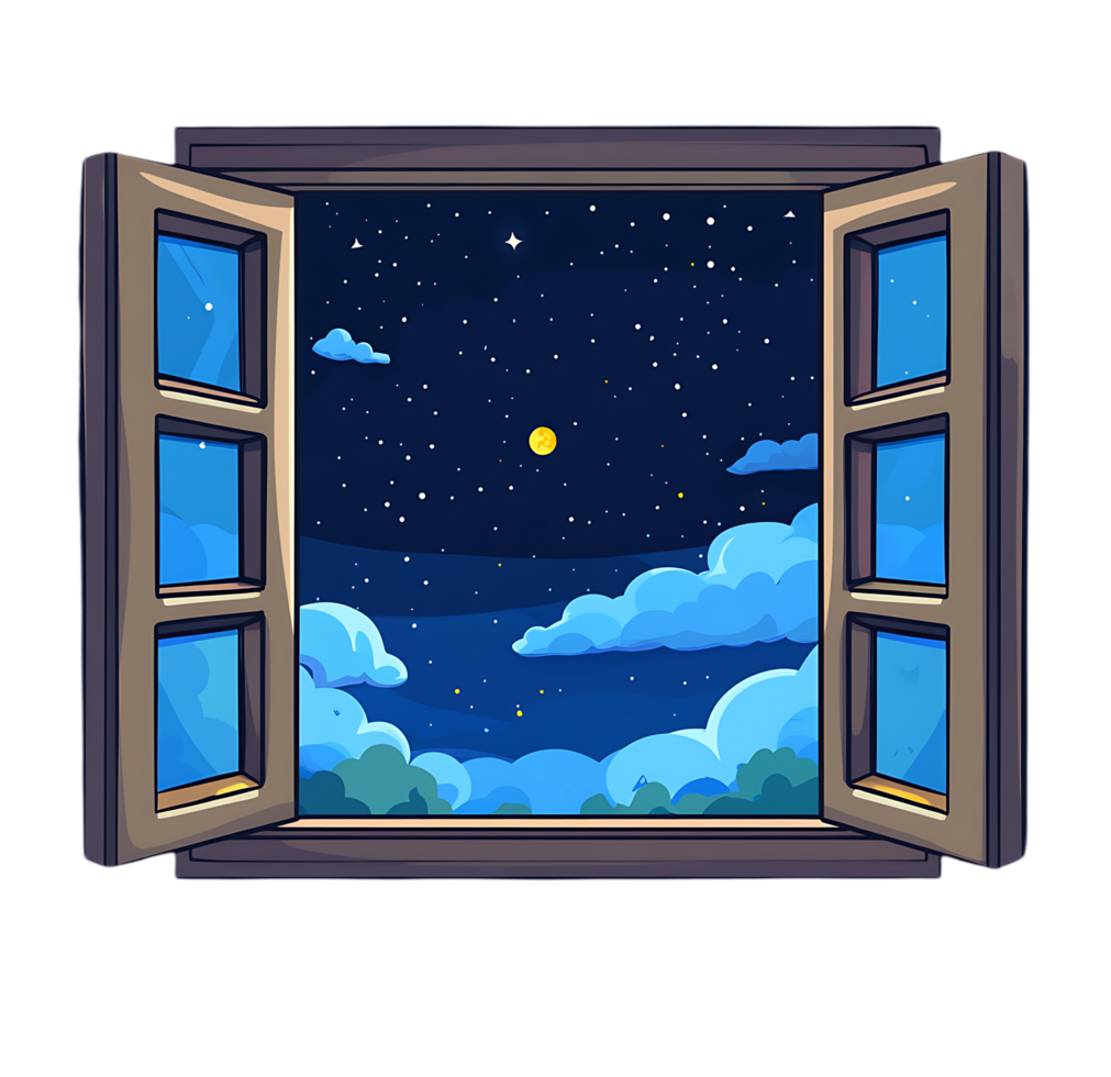 An open window with a view of the night sky png