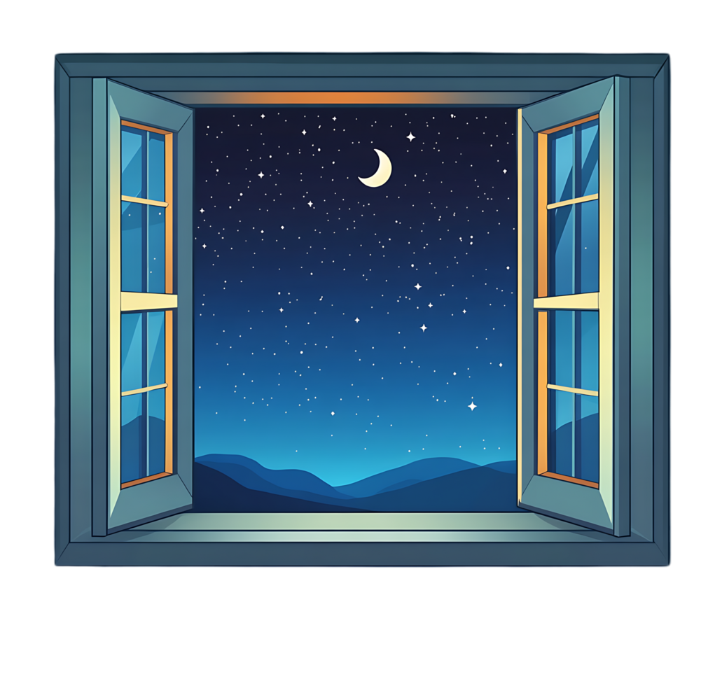 An open window with a view of the night sky png
