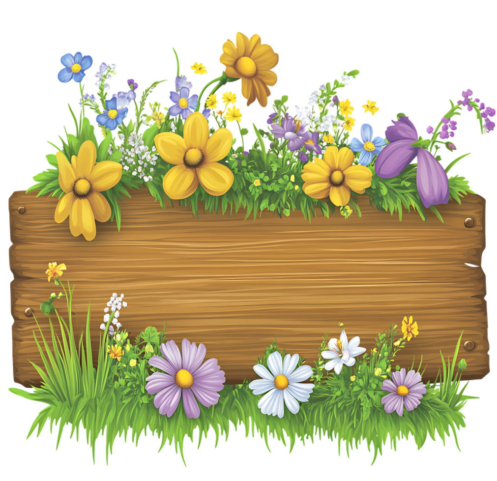 Wooden sign with flowers and grass png