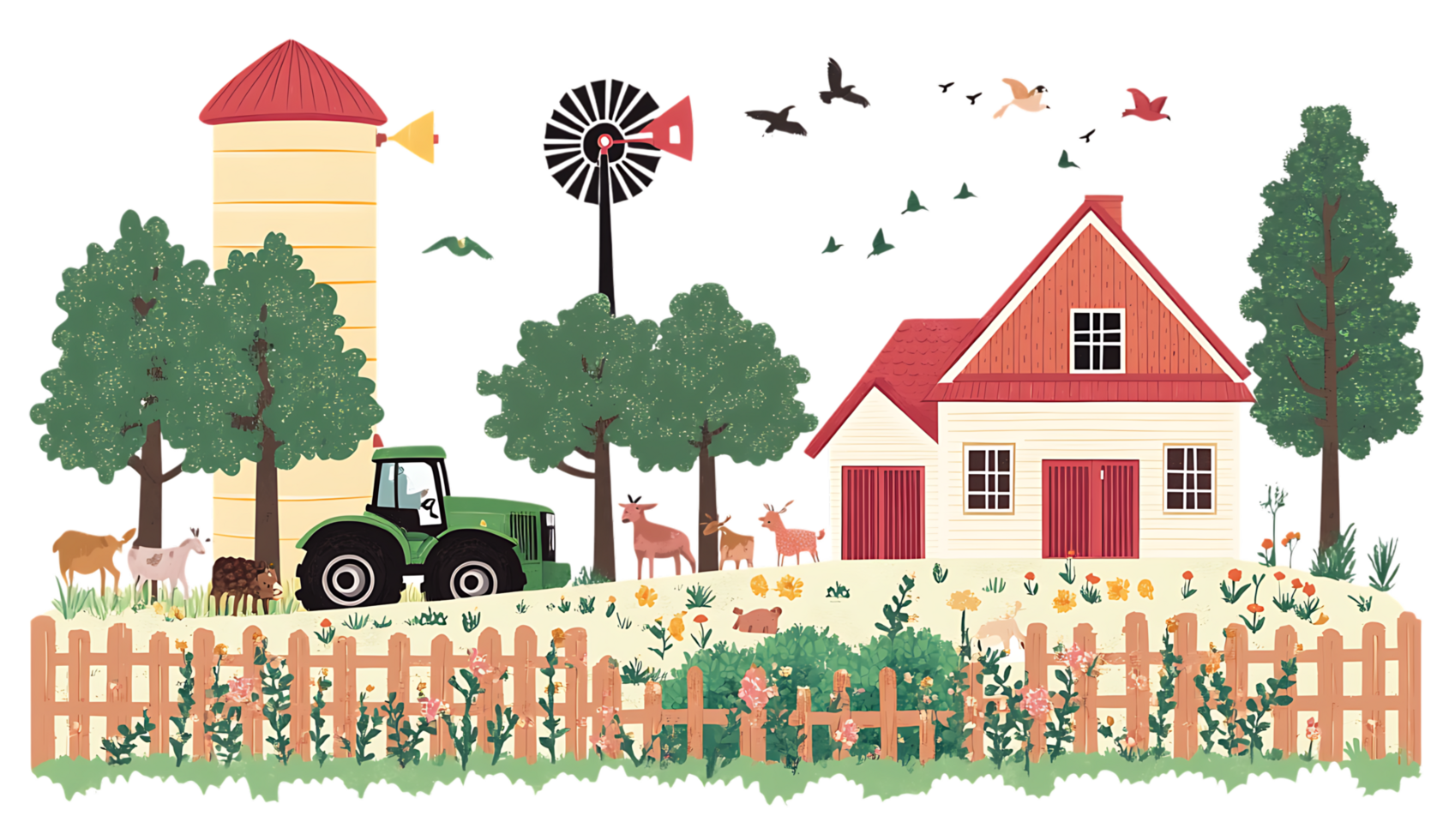 Farm scene with tractor, barn, and animals png