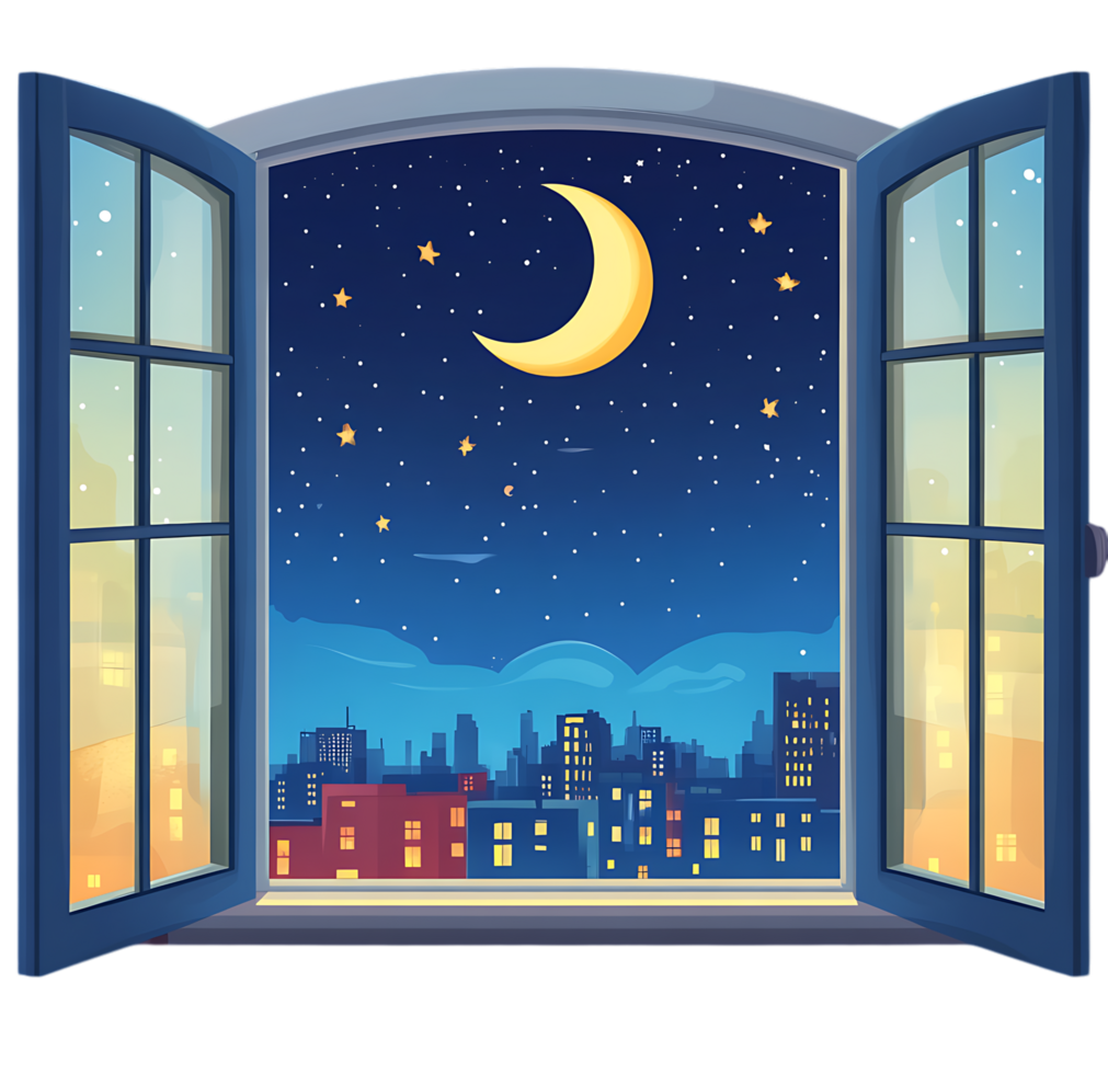 An open window with a night view of the city png