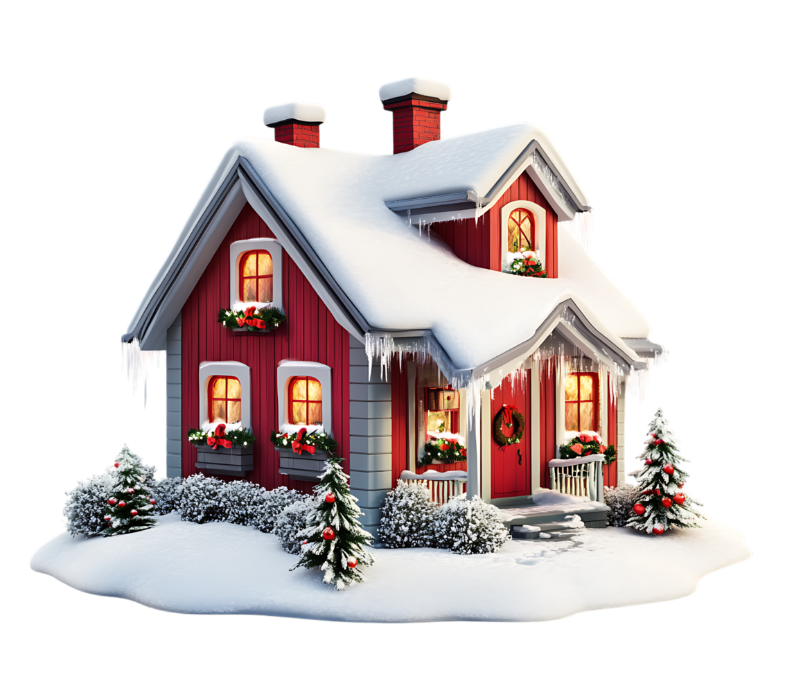 A red house with snow on the roof and christmas decorations png