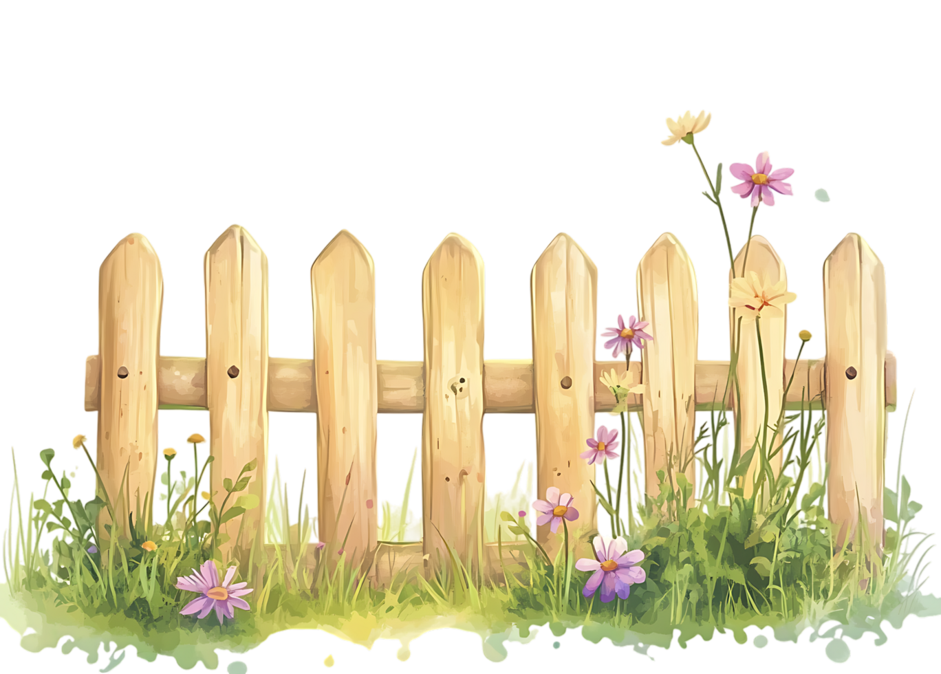 A wooden fence with flowers and grass png