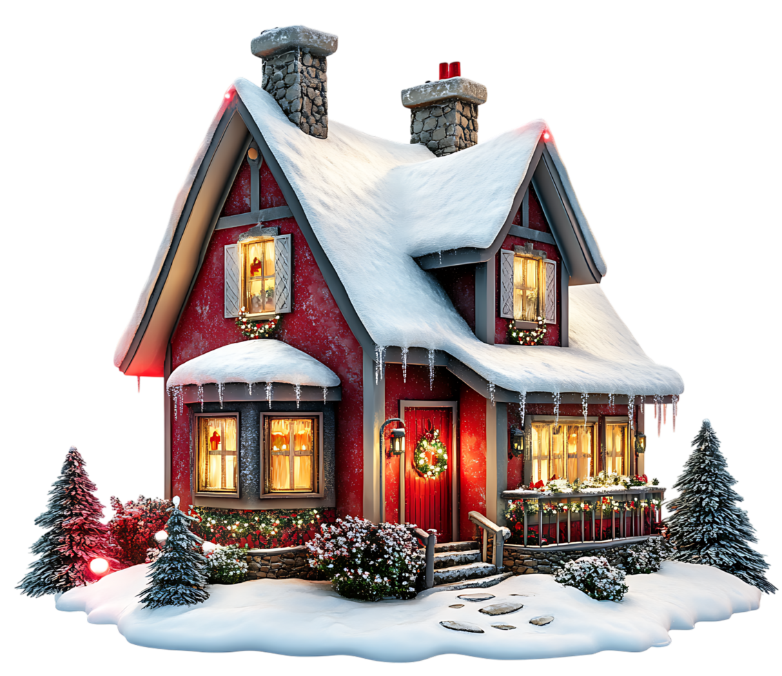 A christmas house with a red roof and windows png