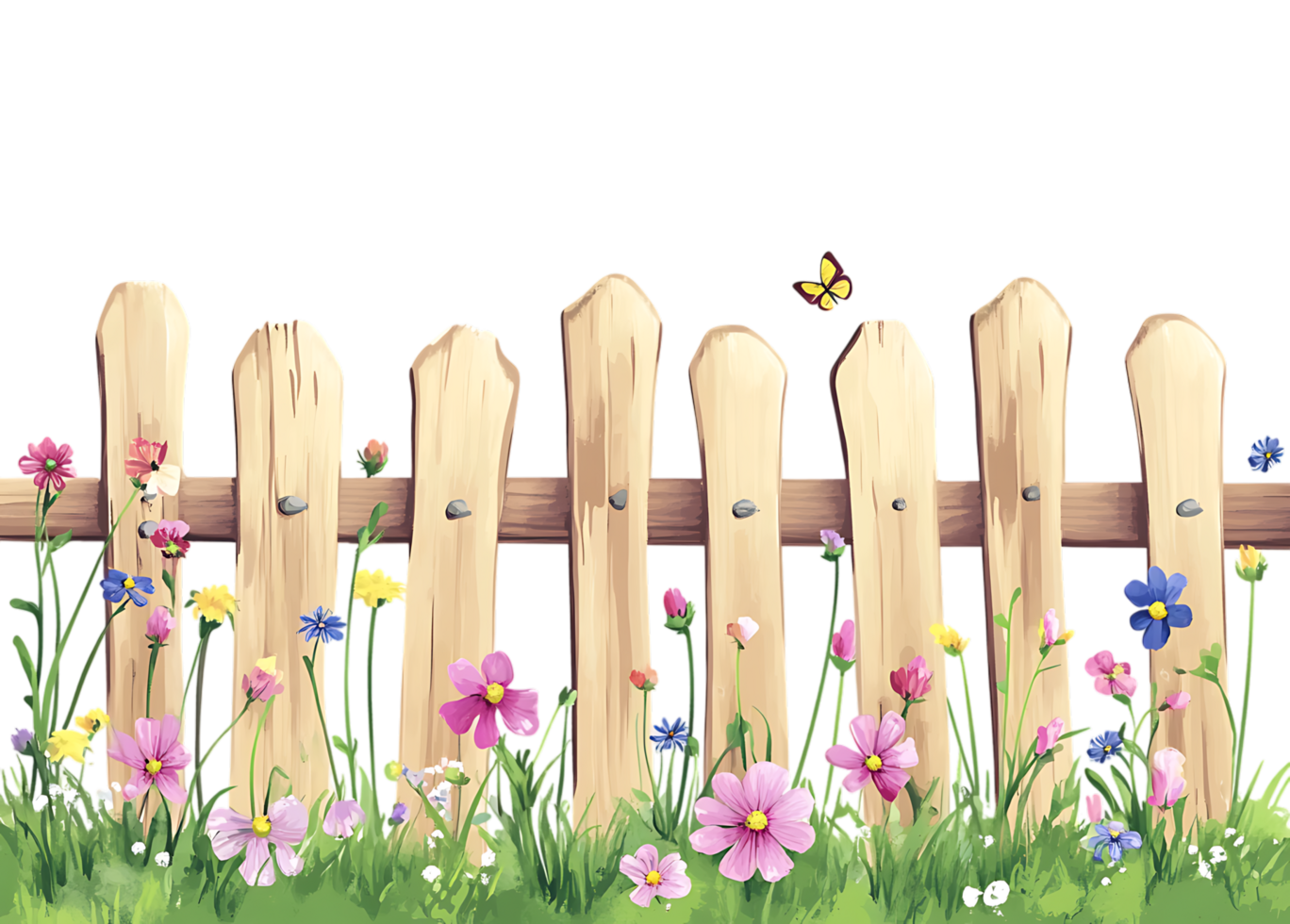 Charming picket fence with blooming flowers and butterfly. png