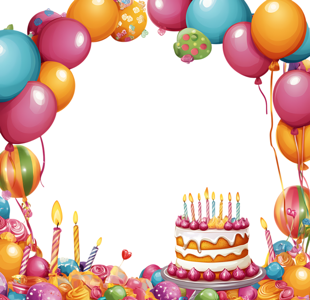 Colorful birthday party frame with cake and balloons png
