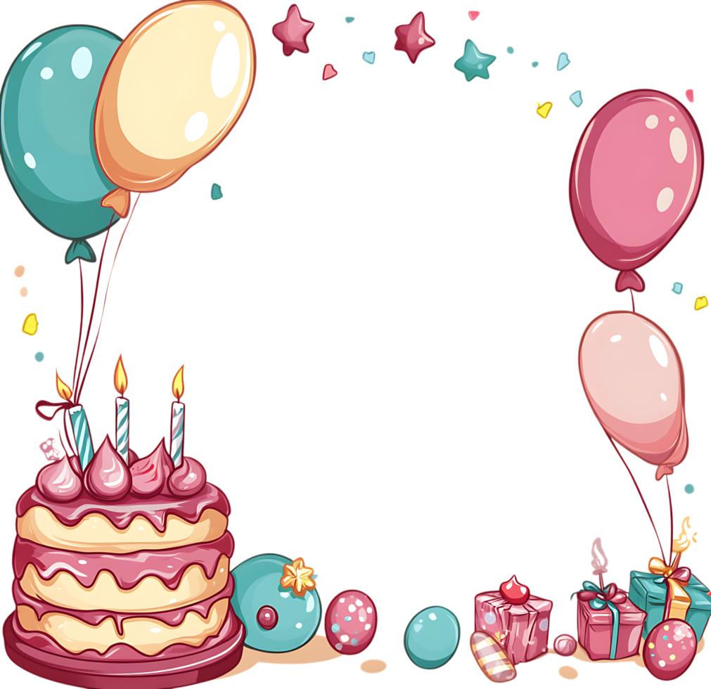 Birthday party frame with cake and balloons png
