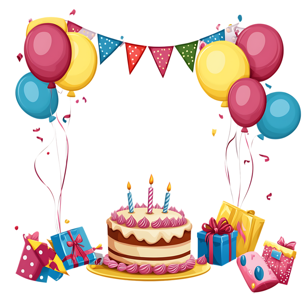 Festive birthday cake, balloons, and gifts. png