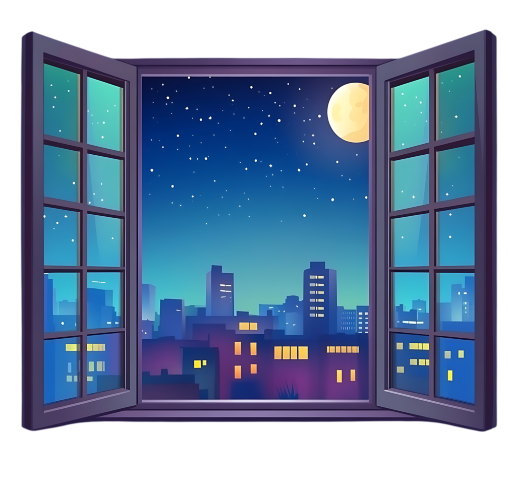 An open window with a city view at night png