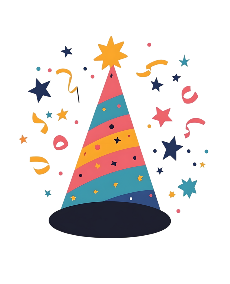 Colorful party hat with confetti and stars png