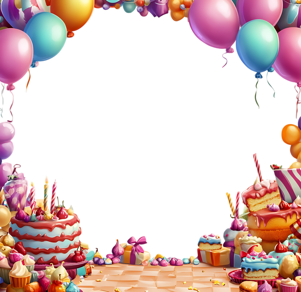 Colorful birthday frame with cake, sweets, and balloons. png