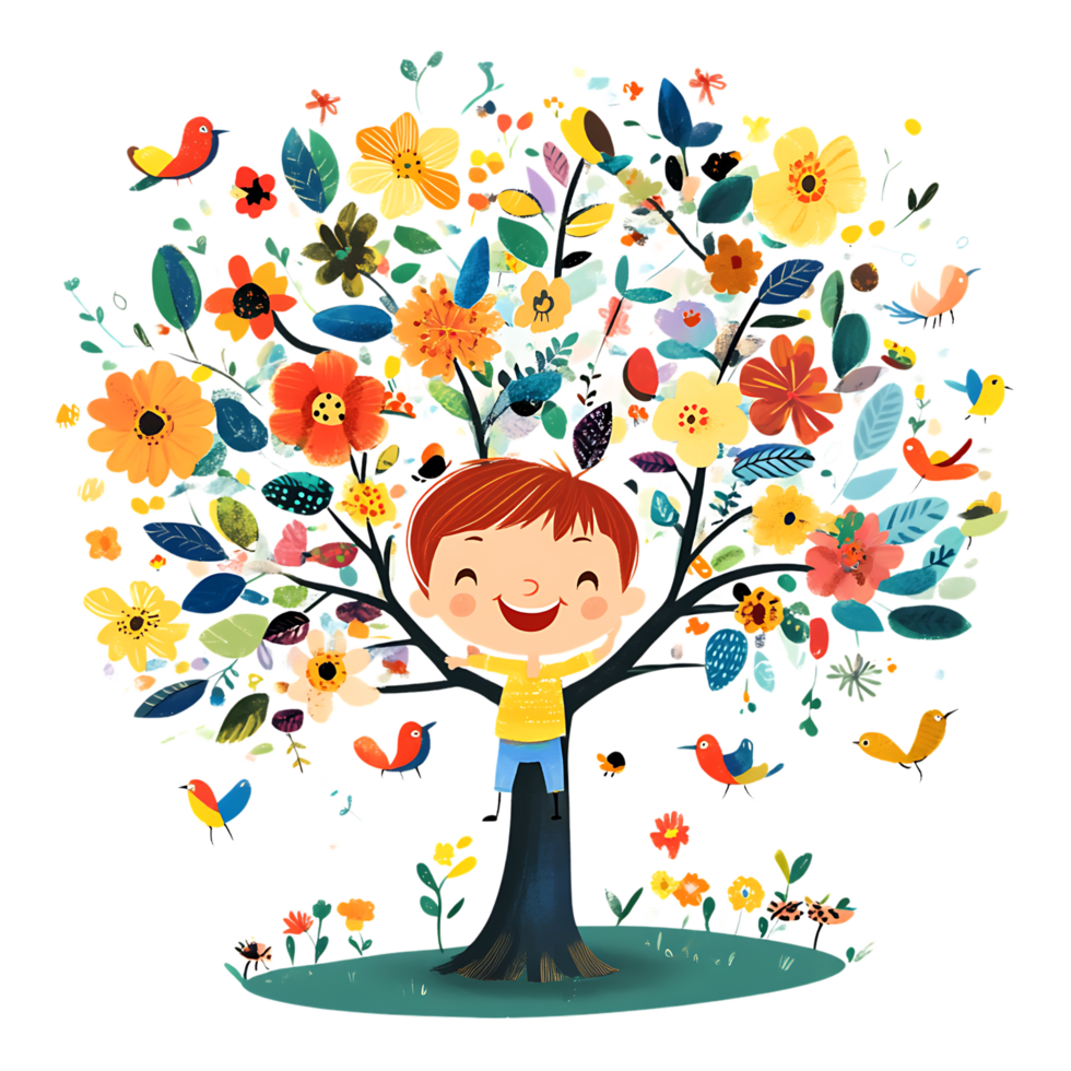 A boy is standing in front of a tree with flowers png