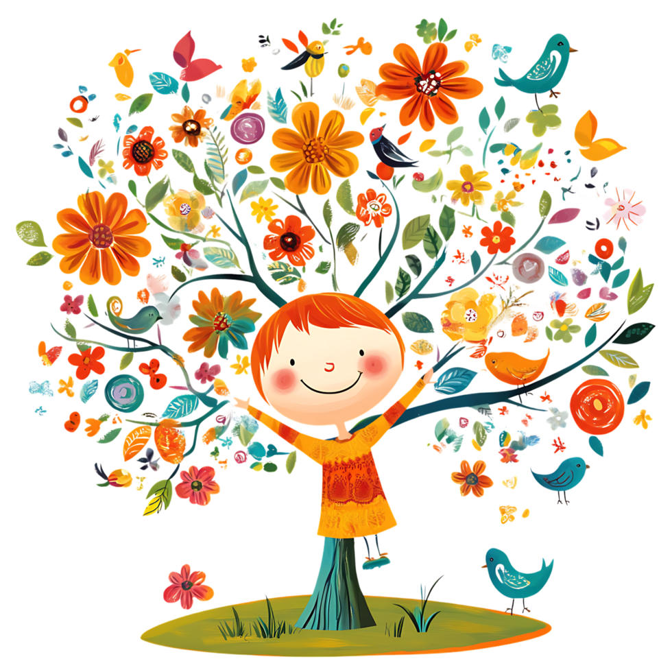 A girl is standing in front of a tree with flowers png