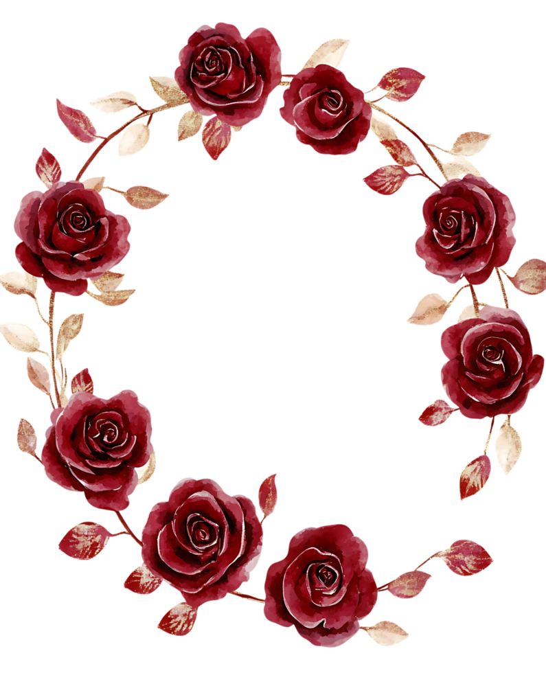 Elegant circular frame of dark red roses and leaves. png