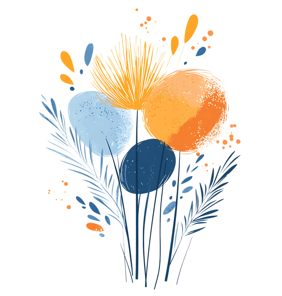 Unique stylized flower arrangement. Blue, orange, and yellow tones. png