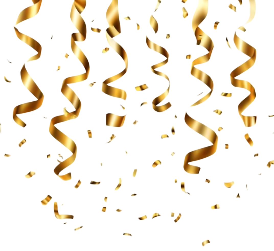 Falling gold confetti and ribbons on black background png