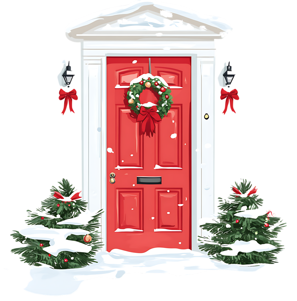 A red door with a wreath on it and a wreath on the door png