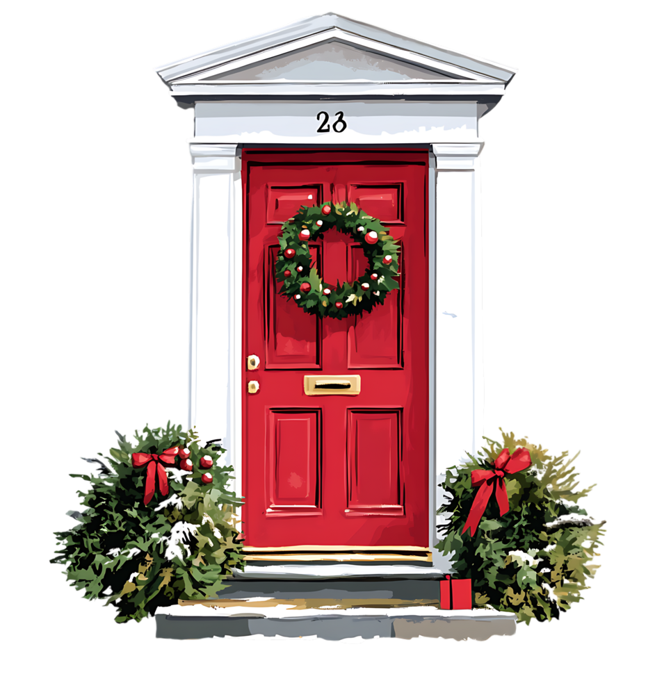 A red door with a wreath on it and a wreath on the door png