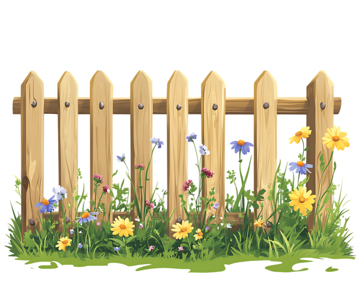 Charming picket fence with colorful flowers. png