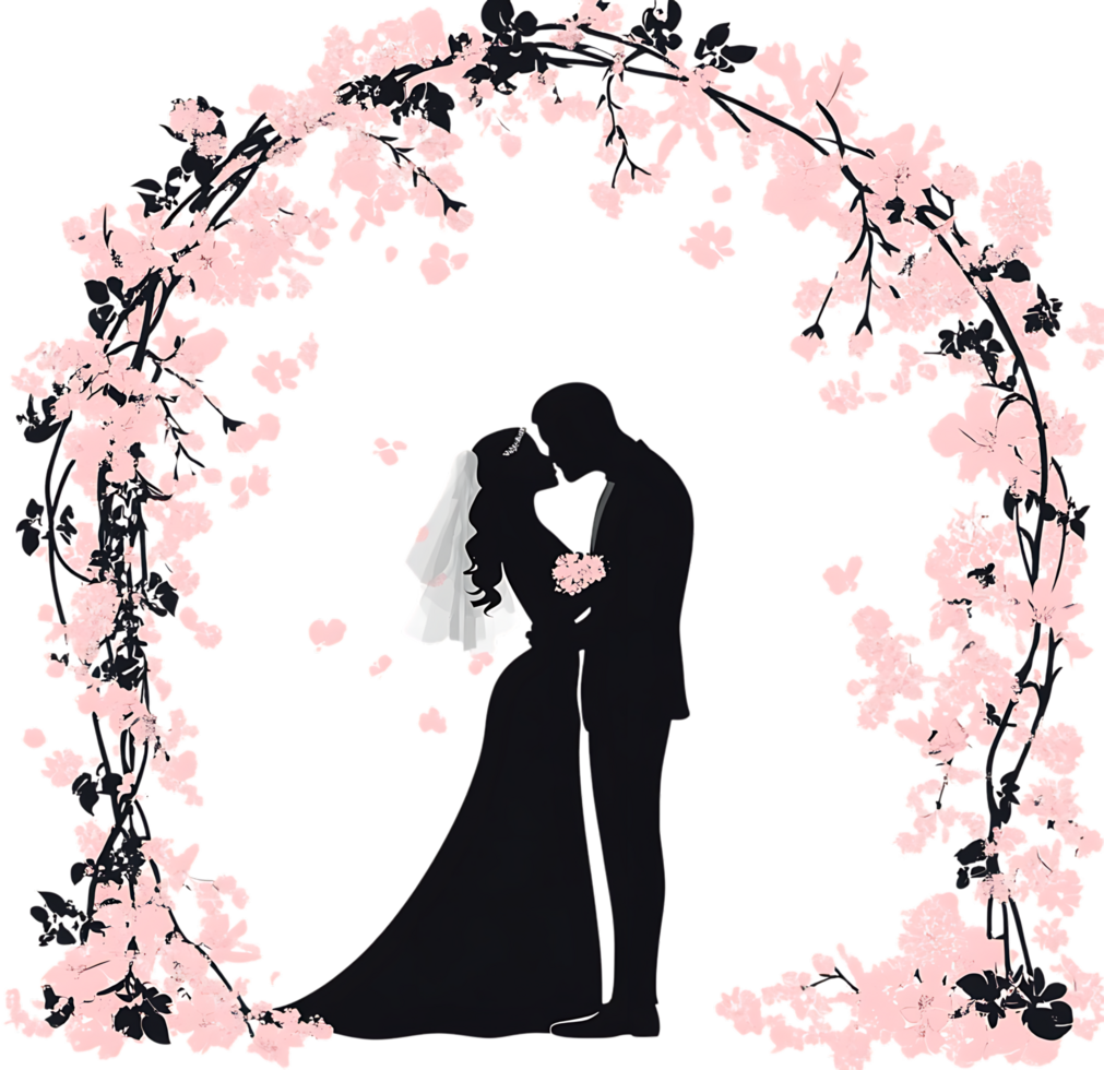 Silhouette of a bride and groom embraced within a floral wreath. png