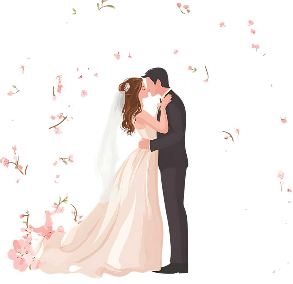 Bride and groom embracing, wedding kiss, floral background png