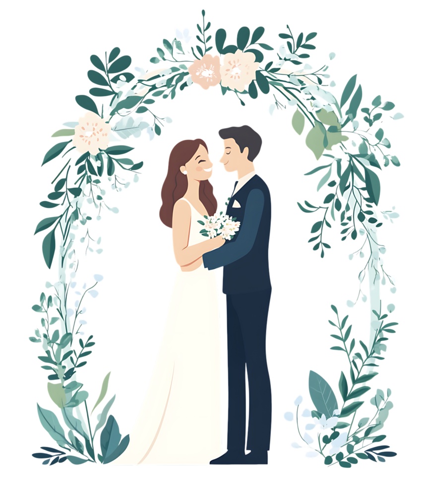Bride and groom embracing, floral wedding arch png