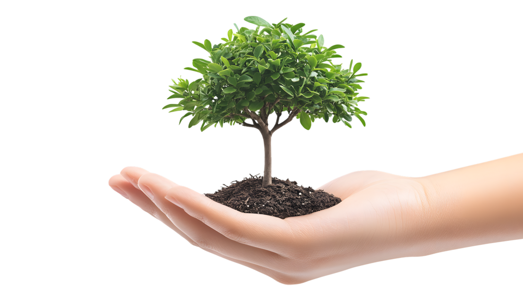 A hand holding a small tree in soil png