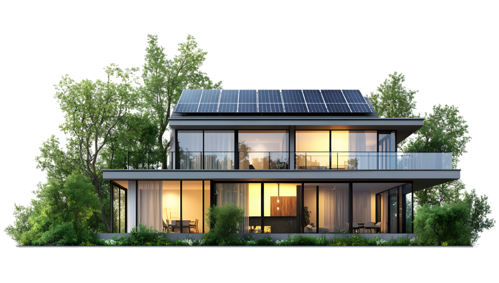 A modern house with solar panels on the roof png