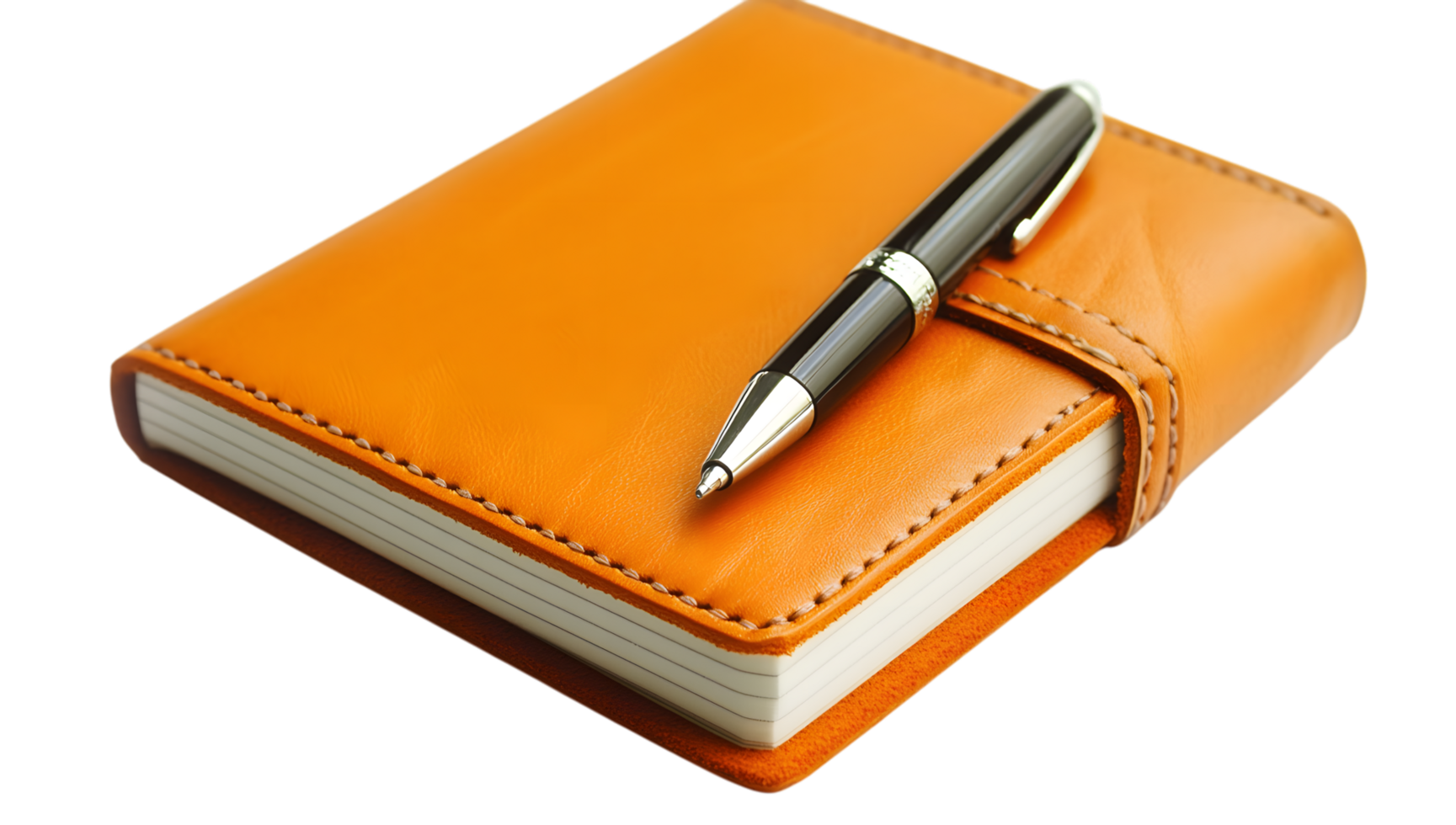 An orange leather notebook with a pen on top png