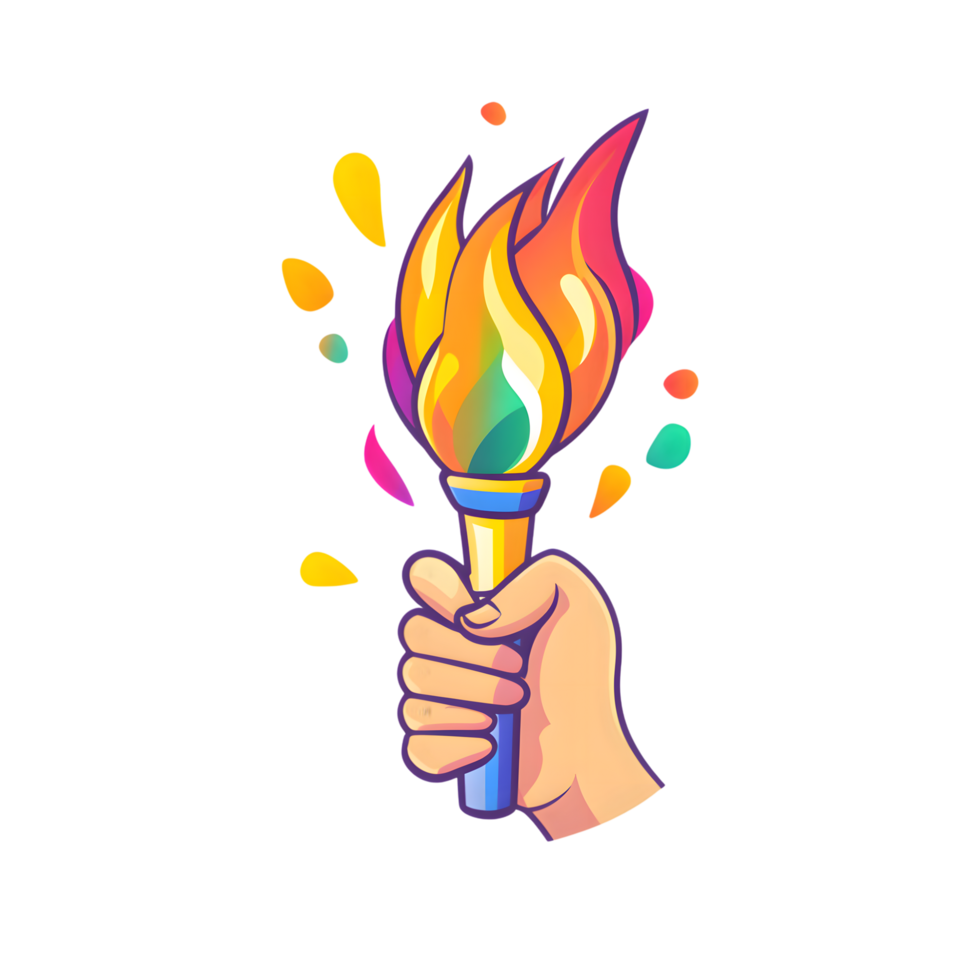 A hand holding a colorful torch with a rainbow on it png