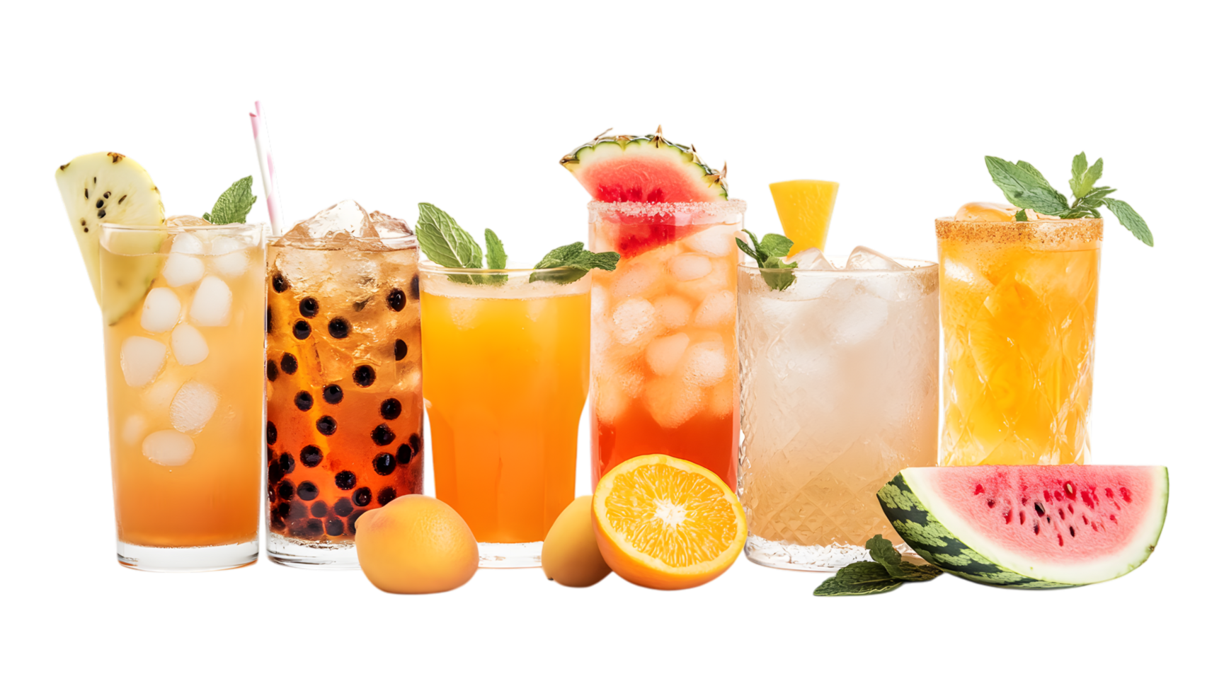 A group of different drinks with fruit and watermelon png