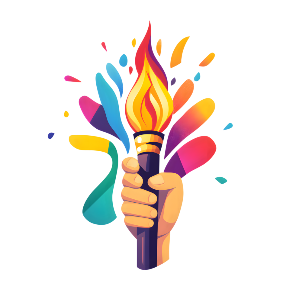 A hand holding a lit torch with colorful paint splatters png