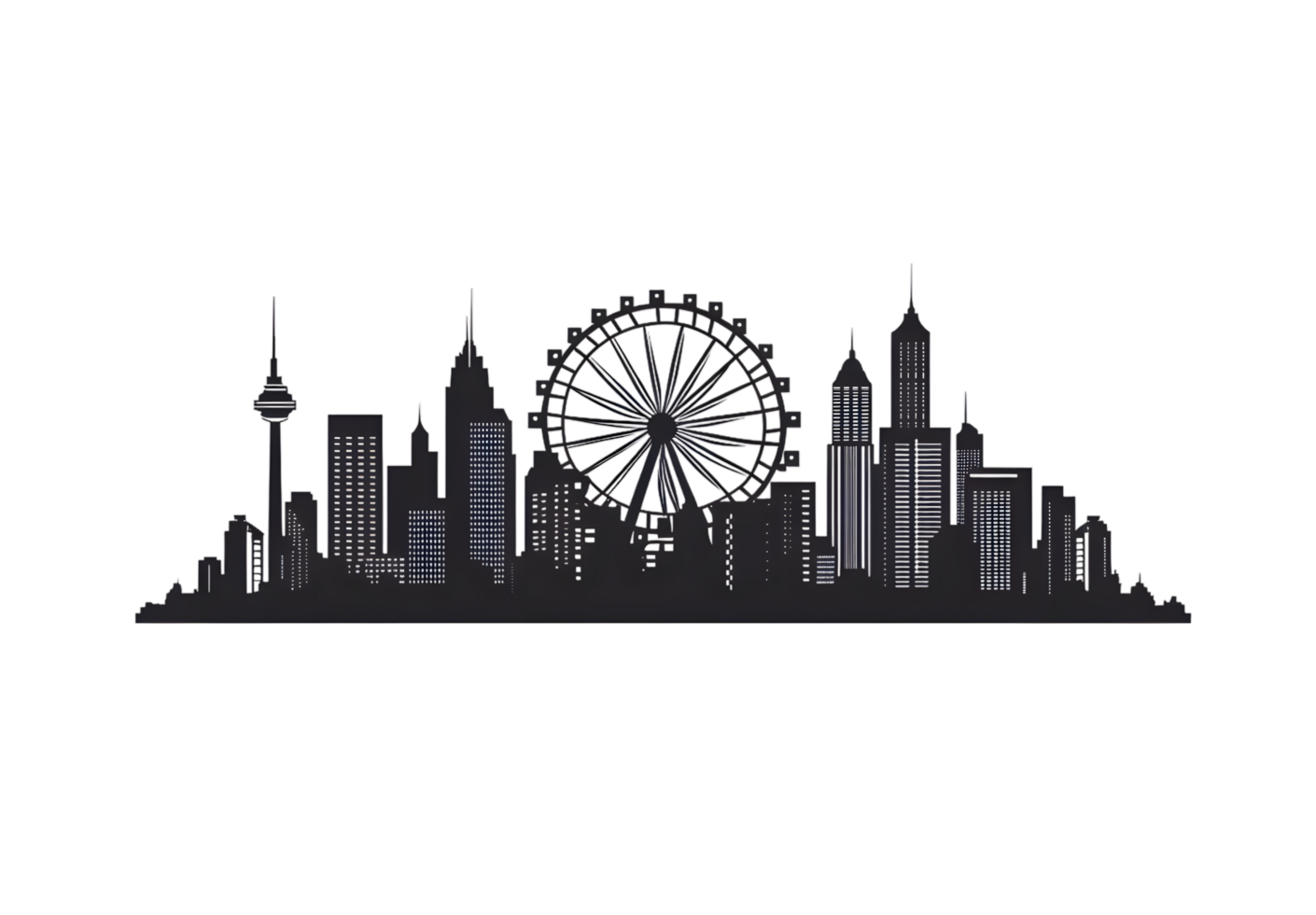 A black and white illustration of a city skyline png
