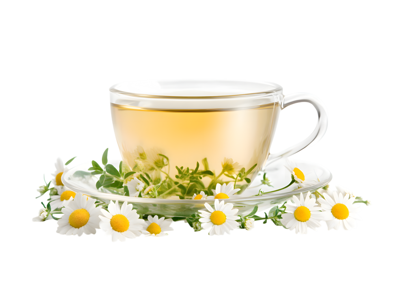 Chamomile tea with flowers isolated on black background png
