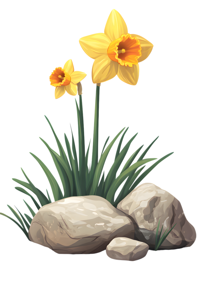 Daffodils in the grass with rocks and grass png