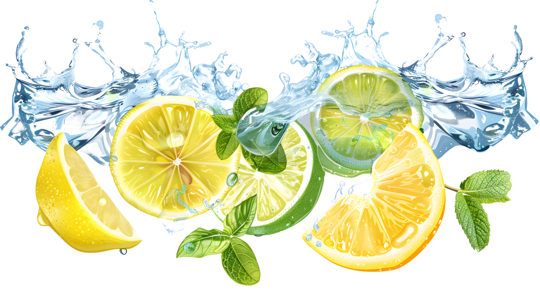 Lemon, lime, mint, water splash png