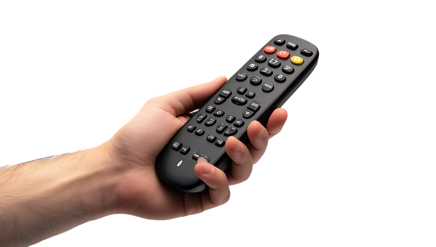 A person holding a remote control over a black background png