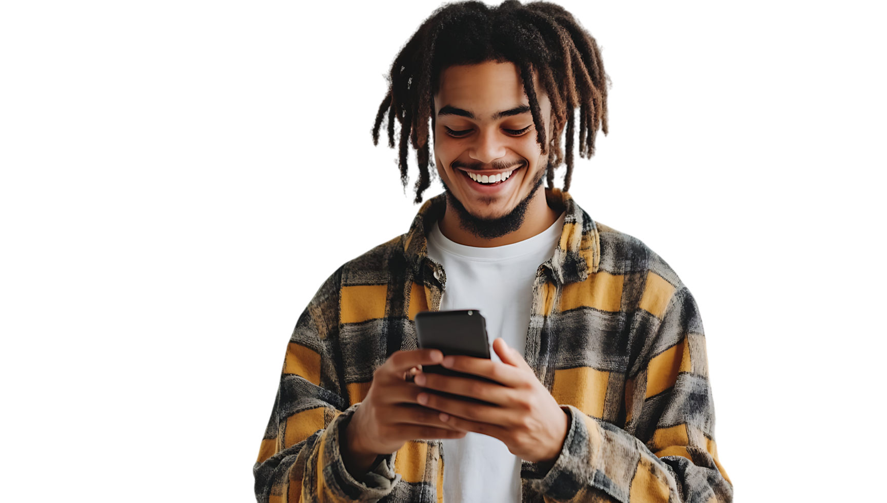 Man smiles at phone png