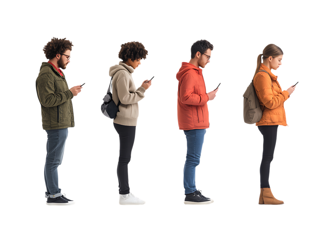 Four people look at phones png