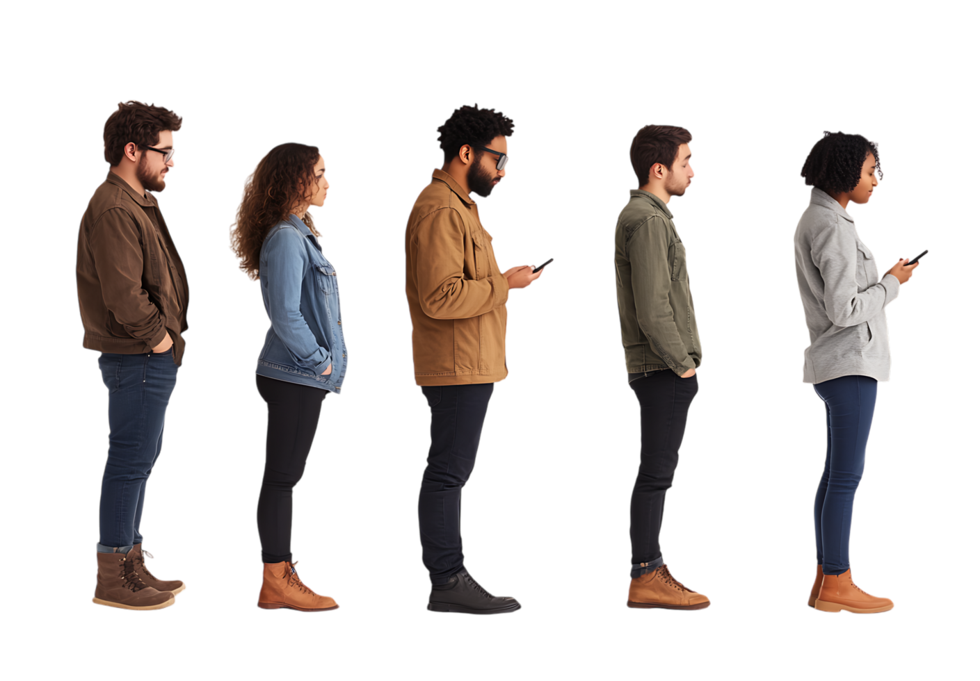 Five people stand in line png