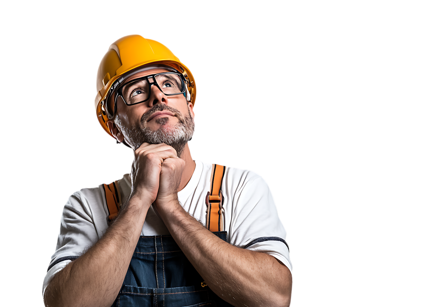 A man in a hard hat and overalls looking up png
