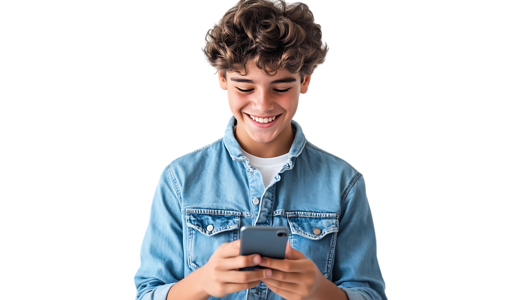 A boy with curly hair is smiling while holding a cell phone png