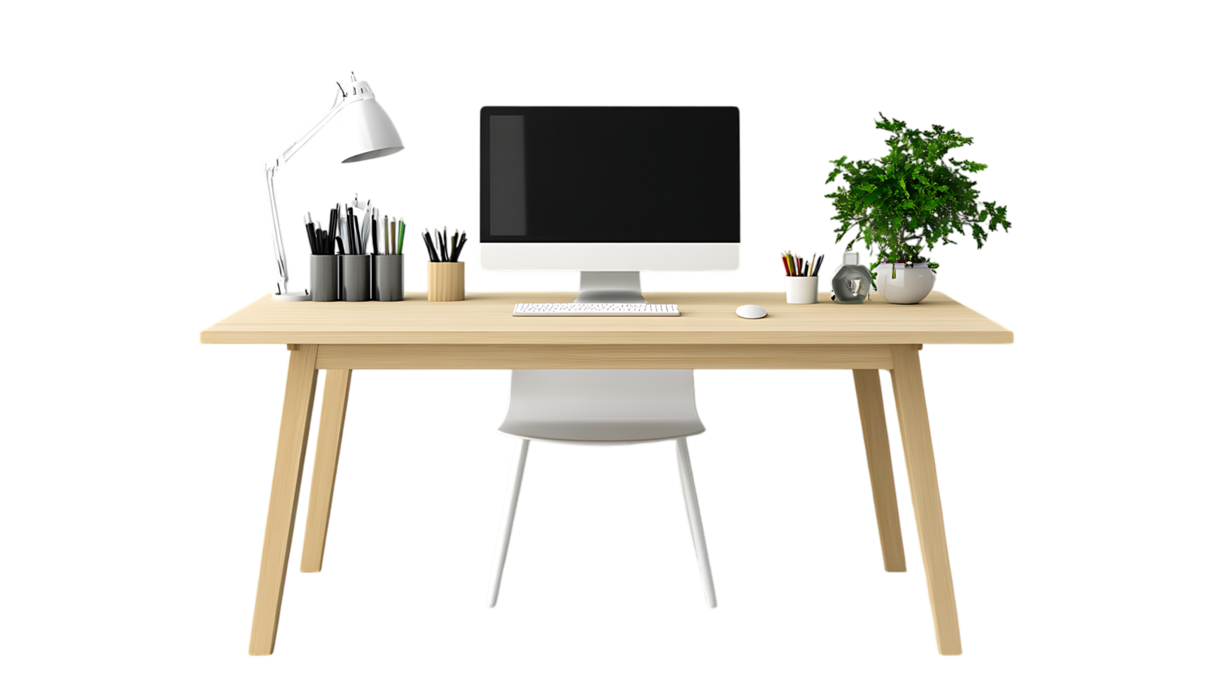 A desk with a computer, chair and plant png